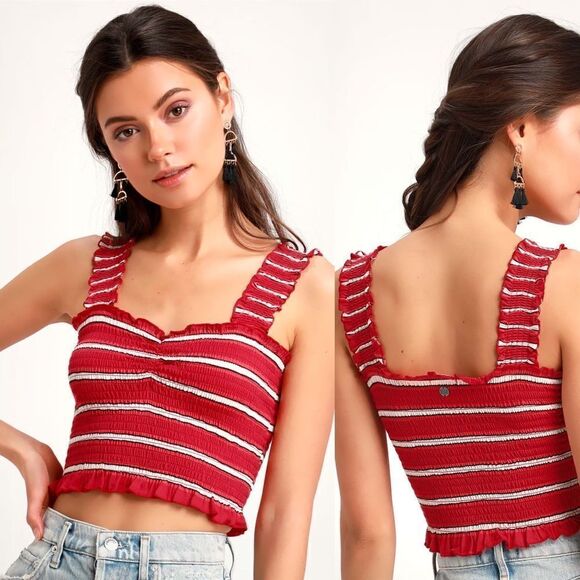 Billabong Sun Dreamer Red Striped Smocked Crop Top cotton modal Tank Y2K- S - Picture 1 of 9